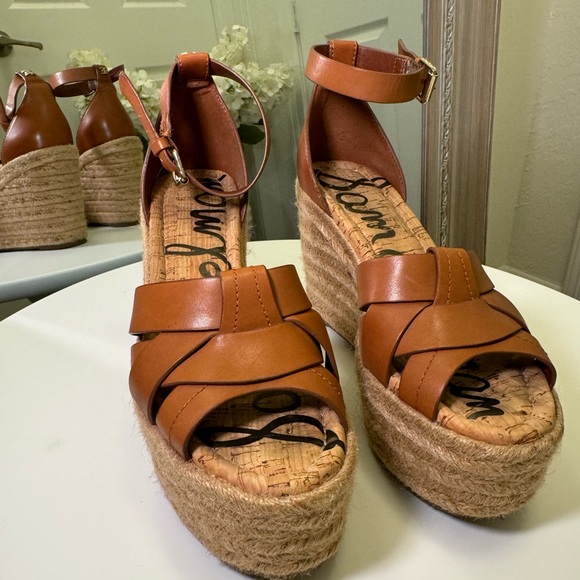 Sam Edelman Marietta Tan Brown Leather Wedge Heeled Espadrilles Sandals Size 7.5 - Picture 2 of 8